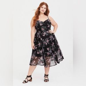 Torrid Black & Purple Floral Mesh Midi Dress